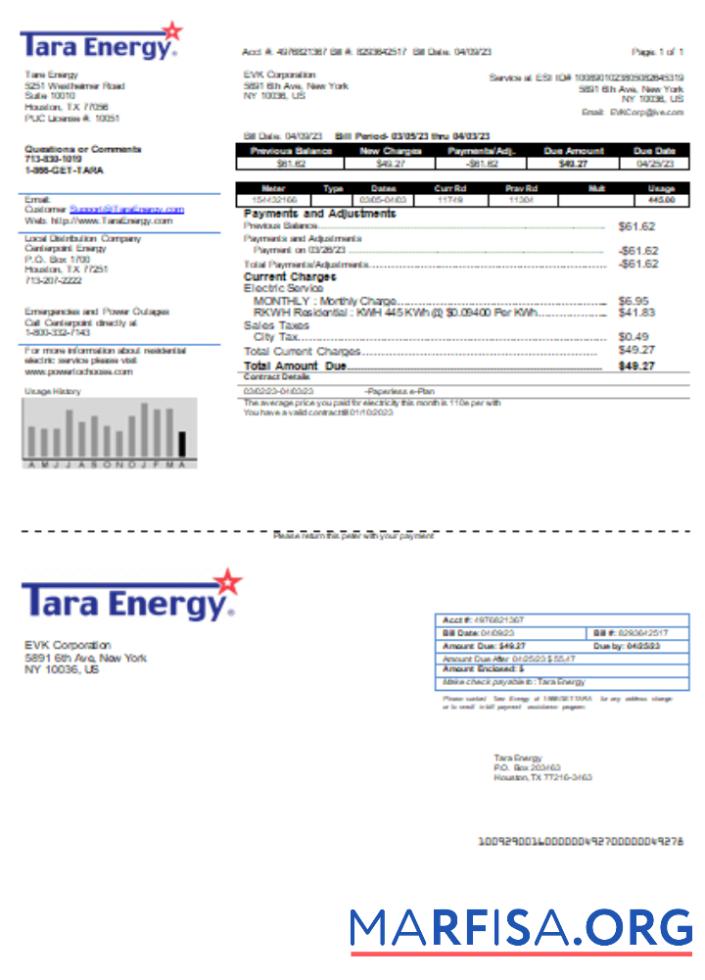 Realistic Tara Energy utility business bill, SCR example